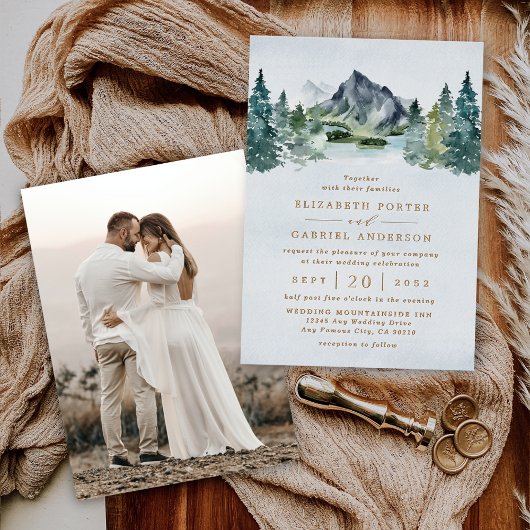 Invitation En Aluminium Elégant Montagne Rustique Mariage photo Real Gold