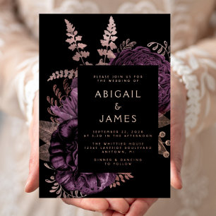 Invitation En Aluminium Élégant Moody Dark Floral Purple Rose Mariage or