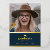 Invitation En Aluminium Elegant Navy Blue and Gold Photo Graduation (Recto)