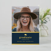 Invitation En Aluminium Elegant Navy Blue and Gold Photo Graduation (Debout devant)