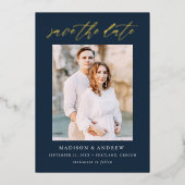 Invitation En Aluminium Elegant Navy et Gold Script Photo Enregistrer la d (Recto)