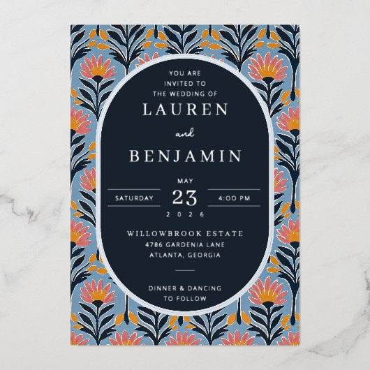 Invitation En Aluminium Elegant Navy Floral (Recto)