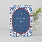 Invitation En Aluminium Elegant Navy Floral Border (Debout devant)