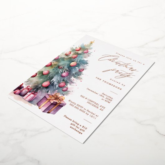 Invitation En Aluminium Élégant Noël Arbre de Fête Rose Gold (Rotation)