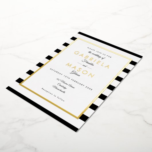 Invitation En Aluminium Elégant noir et blanc Mariage en bande or (Rotation)