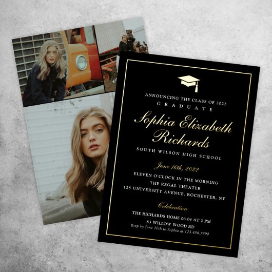 Invitation En Aluminium Elégant noir et or 3 photo Graduation