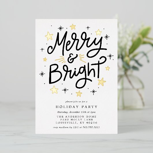 Invitation En Aluminium Elégant noir et or rayé Joyeux et lumineux (Debout devant)