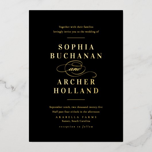 Invitation En Aluminium Élégant noir et or Script Mariage classique (Recto)