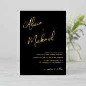 Invitation En Aluminium Élégant noir or réel feuille mariage (Debout devant)