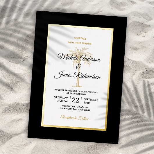Invitation En Aluminium Elégant Noir Palm Tree Plage Mariage