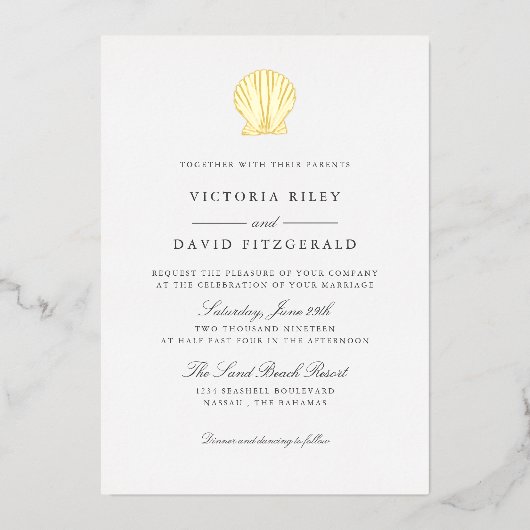 Invitation En Aluminium Elégant Ocean Beach SEASHELL MARIAGE GOLD Foil I (Recto)