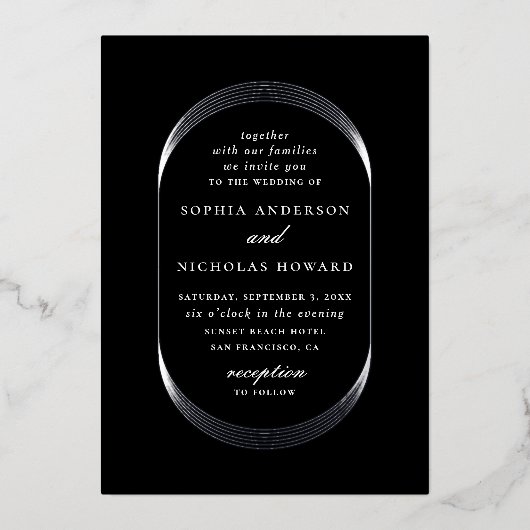 Invitation En Aluminium Elégant or argent noir mariage géométrique moderne (Recto)