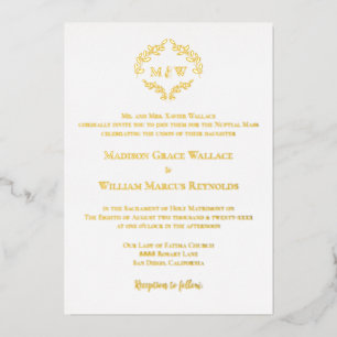 Invitation En Aluminium Élégant or blanc Monogramme Blason Moderne Catholi