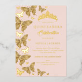 Invitation En Aluminium Elégant Or Blush Butterfly rose Quinceanera (Recto)