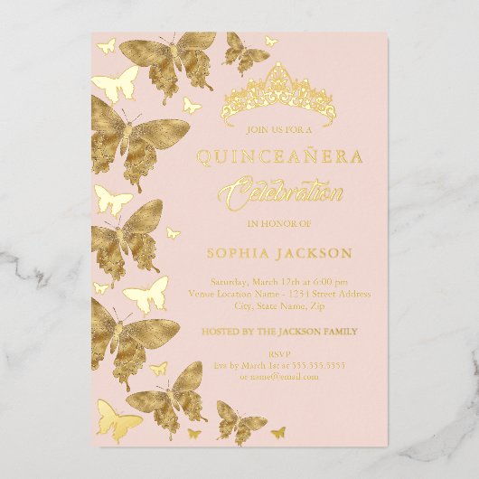 Invitation En Aluminium Elégant Or Blush Butterfly rose Quinceanera (Recto)