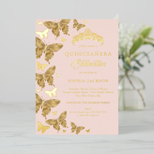 Invitation En Aluminium Elégant Or Blush Butterfly rose Quinceanera (Debout devant)