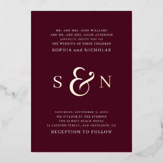 Invitation En Aluminium Elégant or bordeaux typographie détails mariage (Recto)