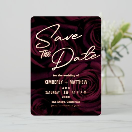 Invitation En Aluminium élégant or bourguignon Enregistrer la date Mariage (Debout devant)