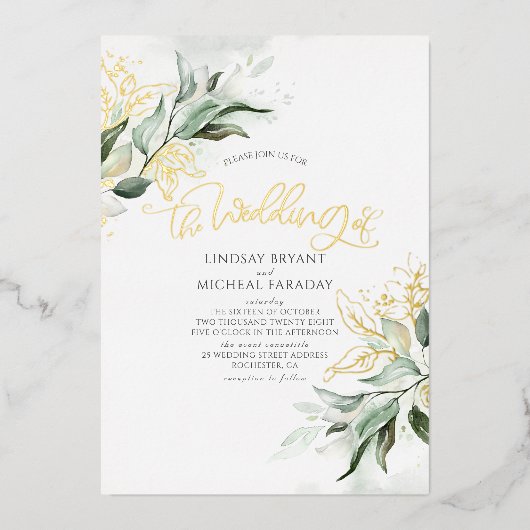 Invitation En Aluminium Elégant Or et Sage Verdure Mariage moderne (Recto)