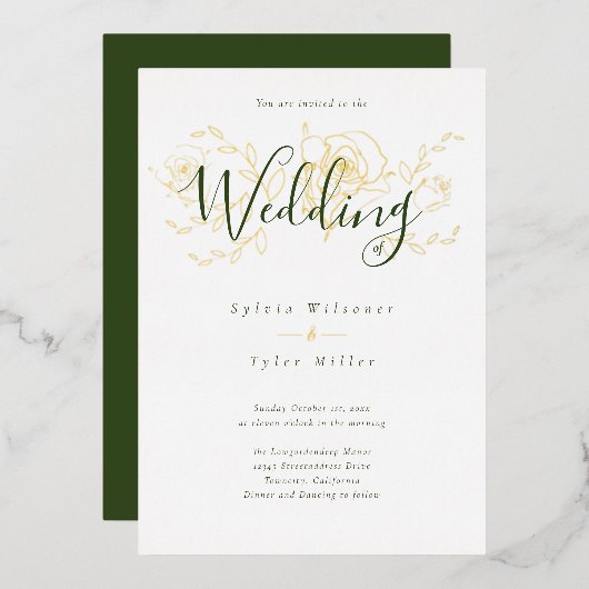 Invitation En Aluminium Élégant or Floral blanc Mariage vert (Recto/Verso)