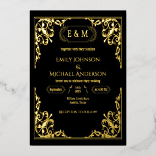 Invitation En Aluminium Élégant or Foil Ornate Monogramme Mariage noir