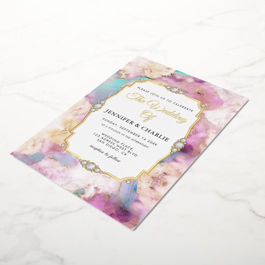 Invitation En Aluminium Elégant or Script Aquarelle Marbre moderne Real (Rotation)