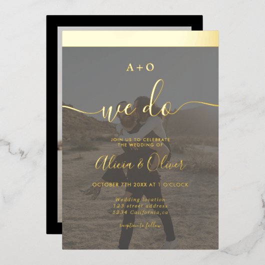 Invitation En Aluminium Élégant or stripe initiales 2 photos mariage (Recto/Verso)