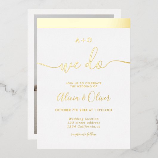 Invitation En Aluminium Élégant or stripe initiales blanc mariage photo (Recto/Verso)