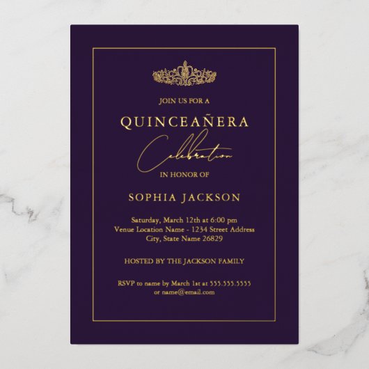Invitation En Aluminium Elégant or violet Quinceanera 15e (Recto)
