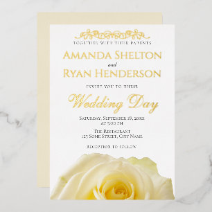 Invitation En Aluminium Élégant Ornement de Rose Jaune Mariage Floral Or