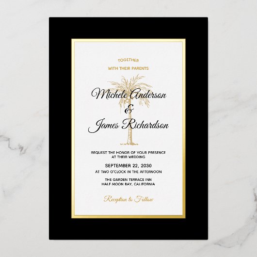 Invitation En Aluminium Élégant Palmier d'or noir Mariage tropical (Recto)