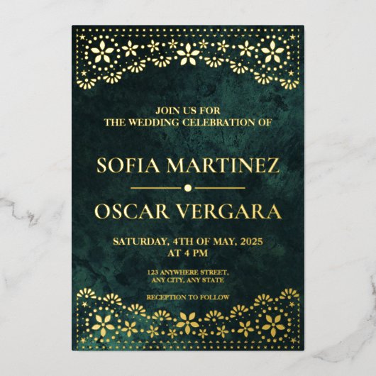 Invitation En Aluminium Élégant Papel Picado Emerald Green Mariage (Recto)