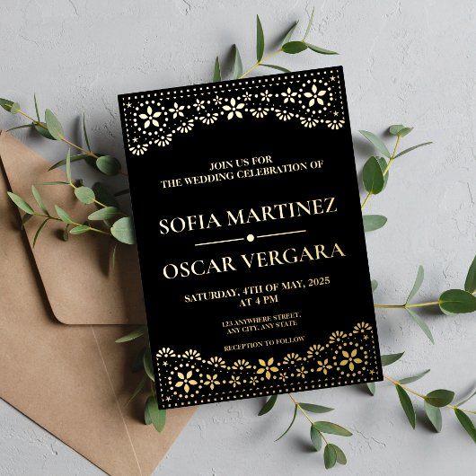 Invitation En Aluminium Elégant Papel Picado Noir et Or