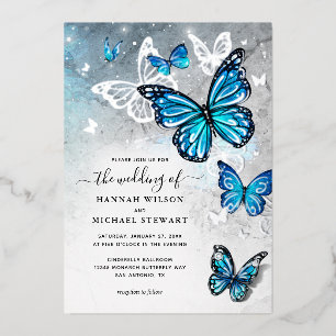 Invitation En Aluminium Élégant Papillon Bleu Aquarelle Mariage Réel