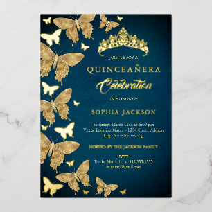 Invitation En Aluminium Élégant Papillon bleu or Quinceanera