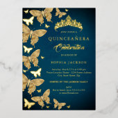 Invitation En Aluminium Élégant Papillon bleu or Quinceanera (Recto)