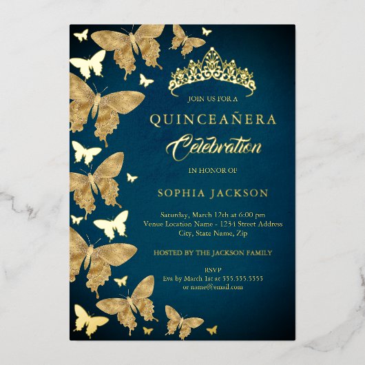 Invitation En Aluminium Élégant Papillon bleu or Quinceanera (Recto)