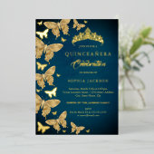 Invitation En Aluminium Élégant Papillon bleu or Quinceanera (Debout devant)