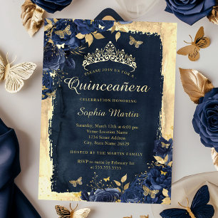 Invitation En Aluminium Elégant Papillon Floral Bleu Marine Or Quinceanera