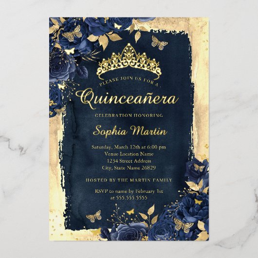 Invitation En Aluminium Elégant papillon floral Marine Or Quinceanera (Recto)