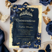 Invitation En Aluminium Elégant papillon floral Marine Or Quinceanera