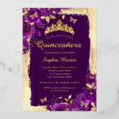 Invitation En Aluminium Élégant papillon floral violet Quinceanera or (Recto)