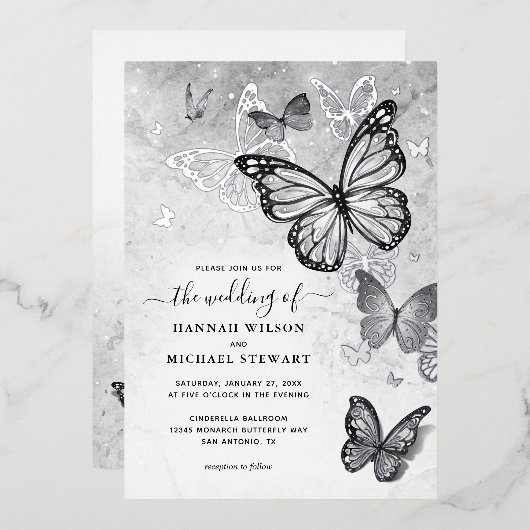 Invitation En Aluminium Élégant papillon Mariage Real Argent (Recto/Verso)