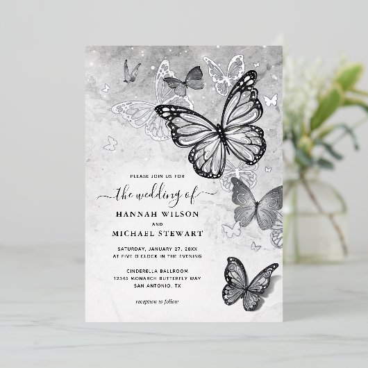 Invitation En Aluminium Élégant papillon Mariage Real Argent (Debout devant)