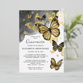 Invitation En Aluminium Élégant Papillon noir Quinceanera Véritable Or (Debout devant)