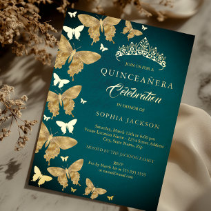 Invitation En Aluminium Elégant Papillon sarcelle doré Quinceanera