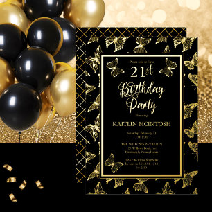 Invitation En Aluminium Élégant papillons 21e anniversaire fête Black Gold