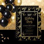 Invitation En Aluminium Élégant papillons 30e anniversaire fête Black Gold<br><div class="desc">Moderne,  élégant et classe noir et véritable feuille d'or papillons design fête de 30e anniversaire. L'arrière - plan arrière dispose d'un motif de grille diagonale en faux or. Composite par Holiday Hearts Designs (droits réservés).</div>