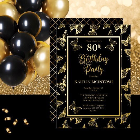 Invitation En Aluminium Elégant papillons 80e anniversaire fête Black Gold