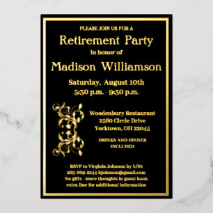 Invitation En Aluminium Élégant Parti de retraite Noir VRAI Or    
